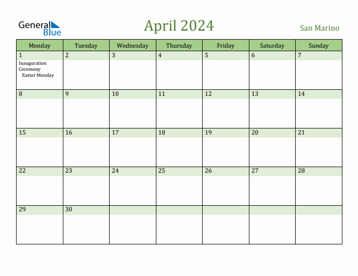 April 2024 Calendar with San Marino Holidays