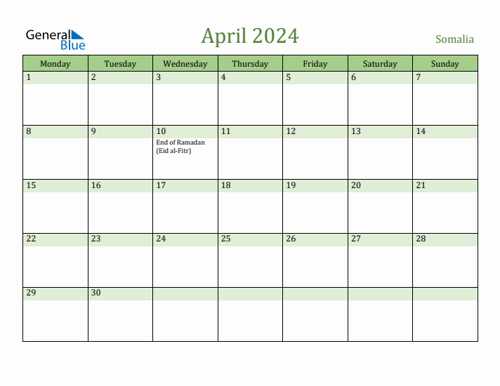 April 2024 Calendar with Somalia Holidays