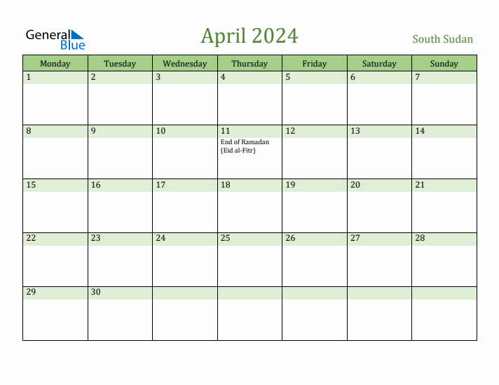 April 2024 Calendar with South Sudan Holidays