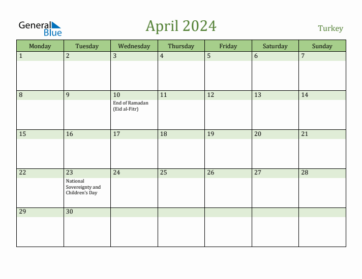 April 2024 Calendar with Turkey Holidays