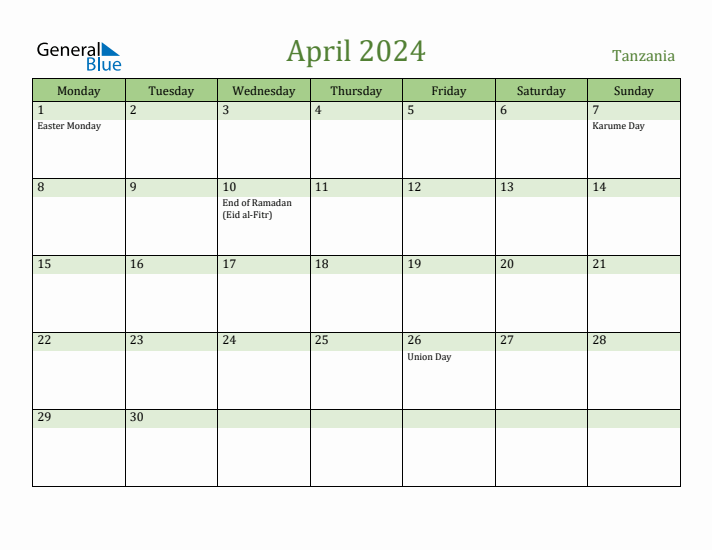 April 2024 Tanzania Monthly Calendar with Holidays