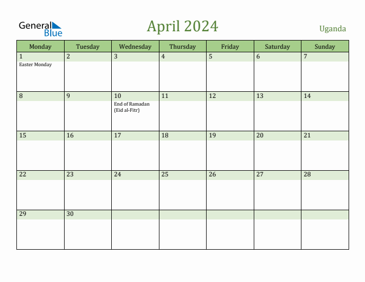 April 2024 Calendar with Uganda Holidays