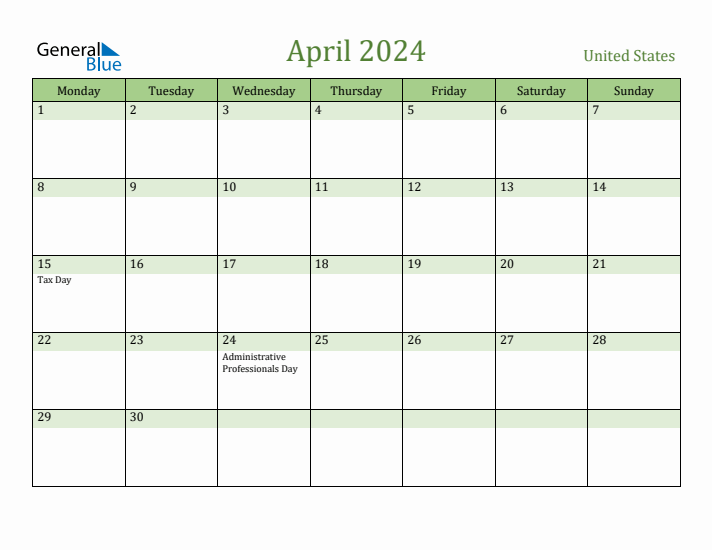 Fillable Holiday Calendar for United States April 2024