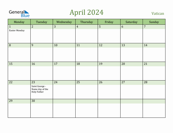 April 2024 Calendar with Vatican Holidays