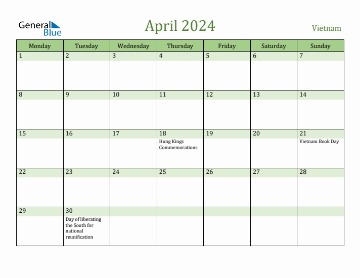 April 2024 Calendar with Vietnam Holidays