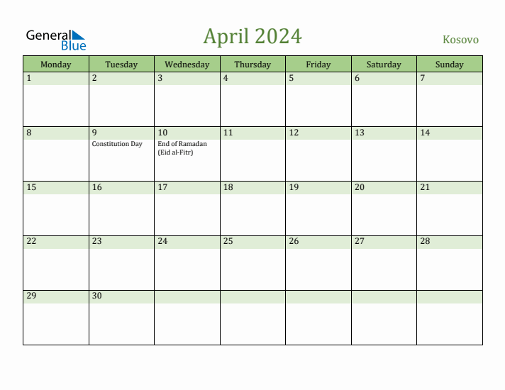 April 2024 Calendar with Kosovo Holidays