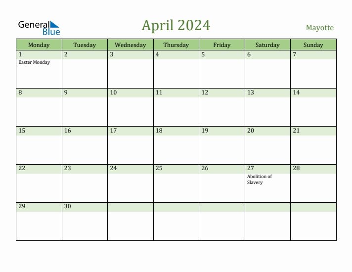 April 2024 Calendar with Mayotte Holidays