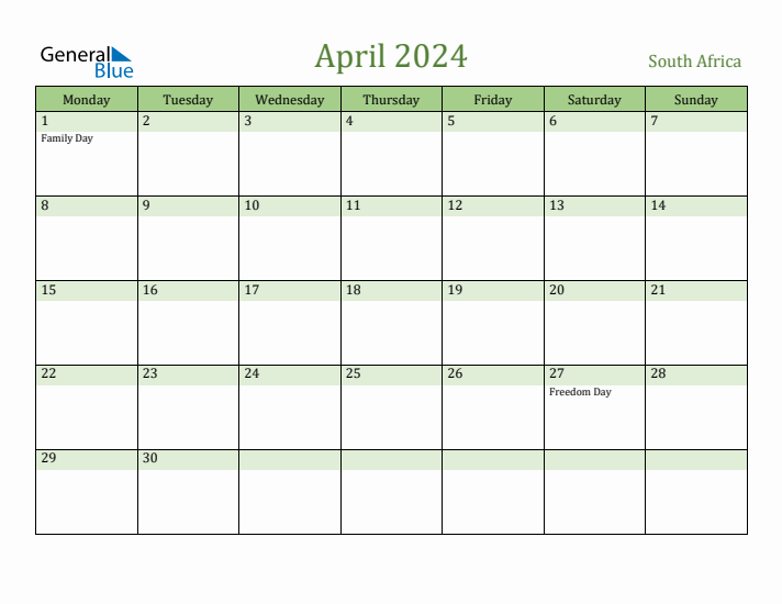April 2024 South Africa Monthly Calendar with Holidays