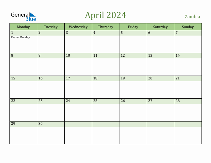 April 2024 Calendar with Zambia Holidays