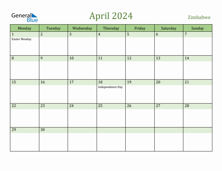 April 2024 Calendar with Zimbabwe Holidays