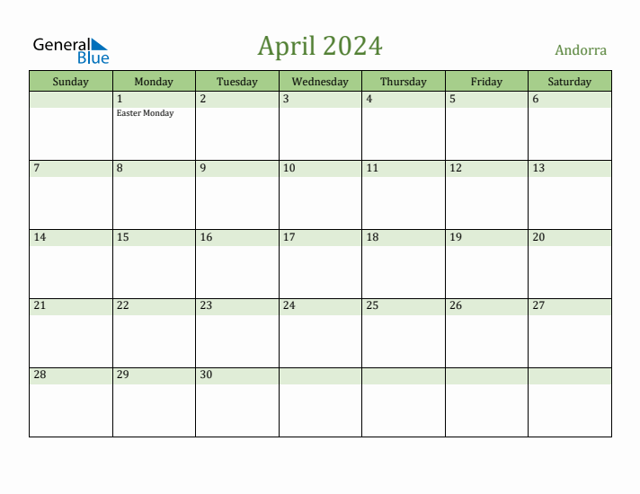 April 2024 Calendar with Andorra Holidays