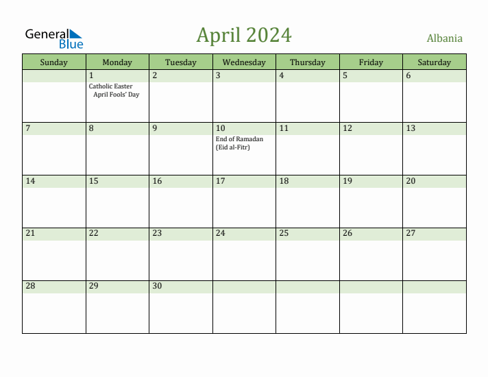 April 2024 Calendar with Albania Holidays