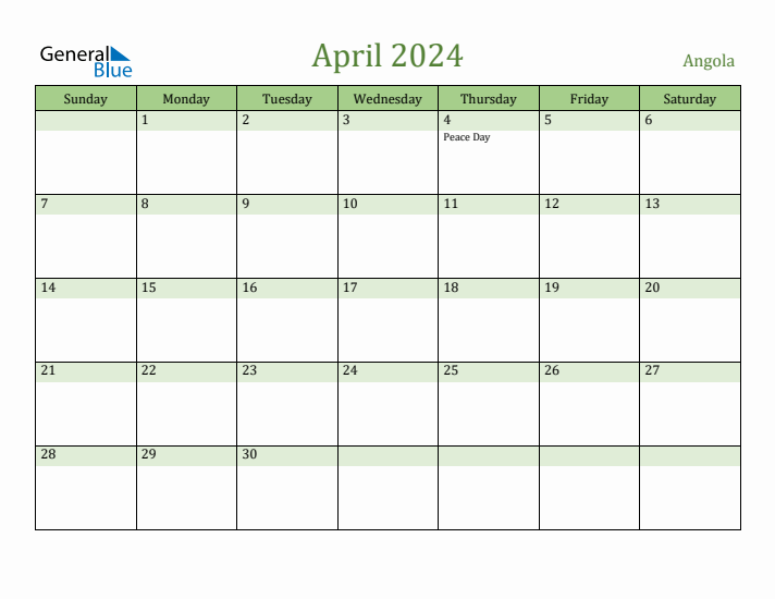 April 2024 Calendar with Angola Holidays
