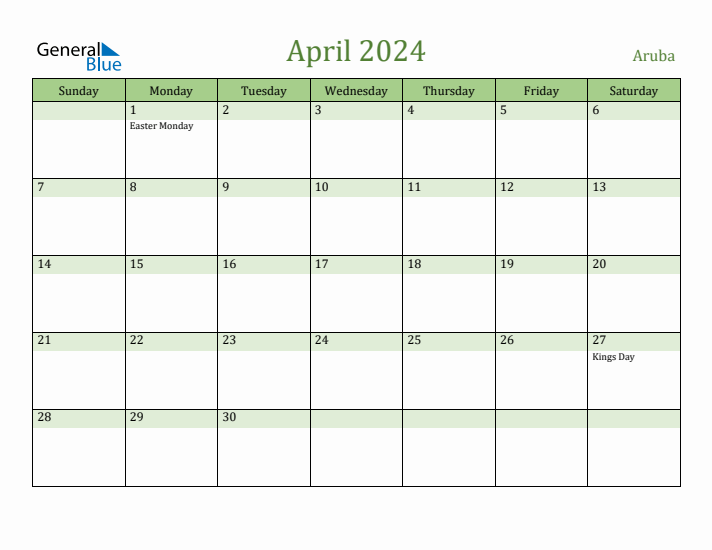 April 2024 Calendar with Aruba Holidays