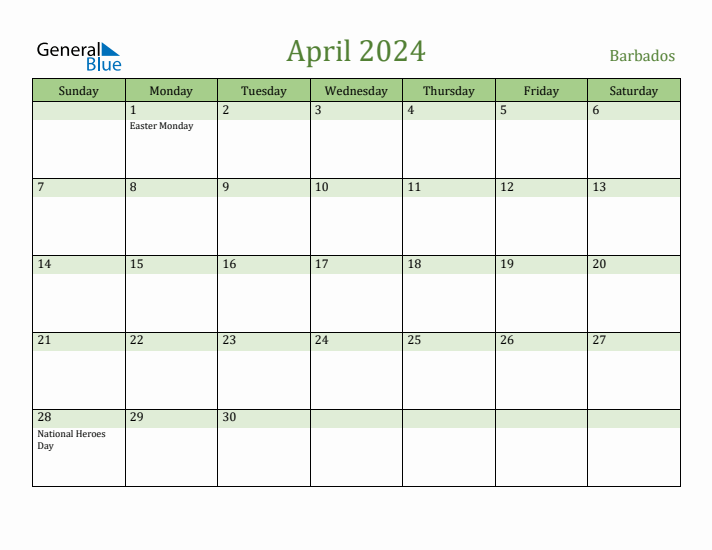 April 2024 Calendar with Barbados Holidays