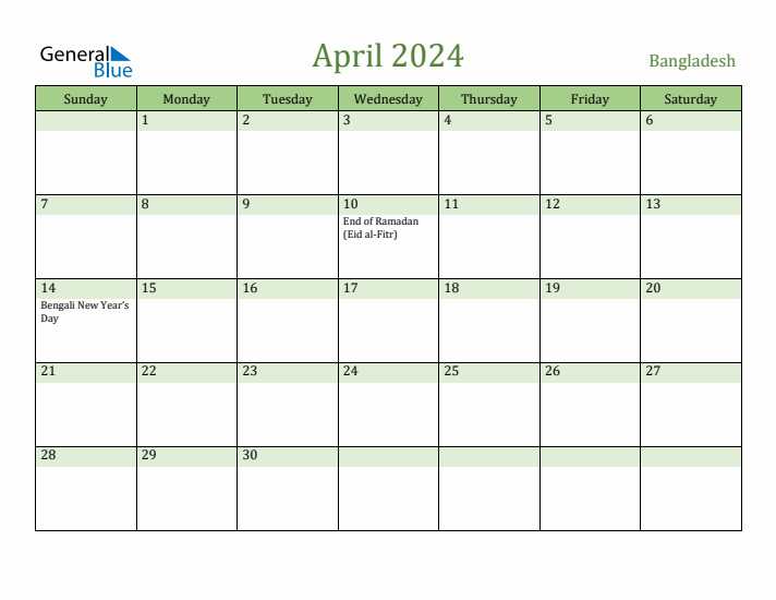 April 2024 Monthly Calendar with Bangladesh Holidays