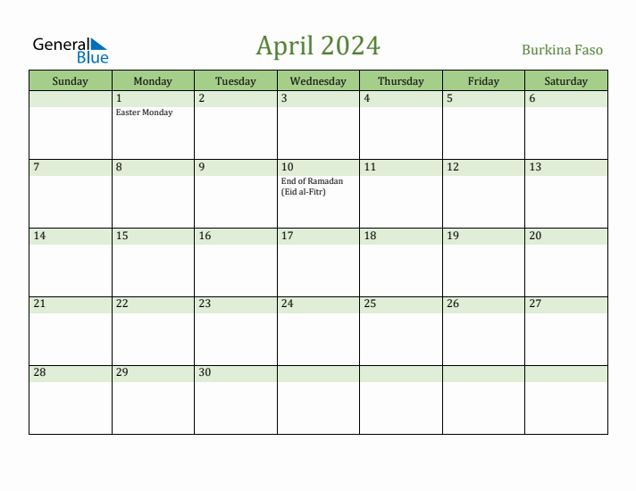 April 2024 Calendar with Burkina Faso Holidays