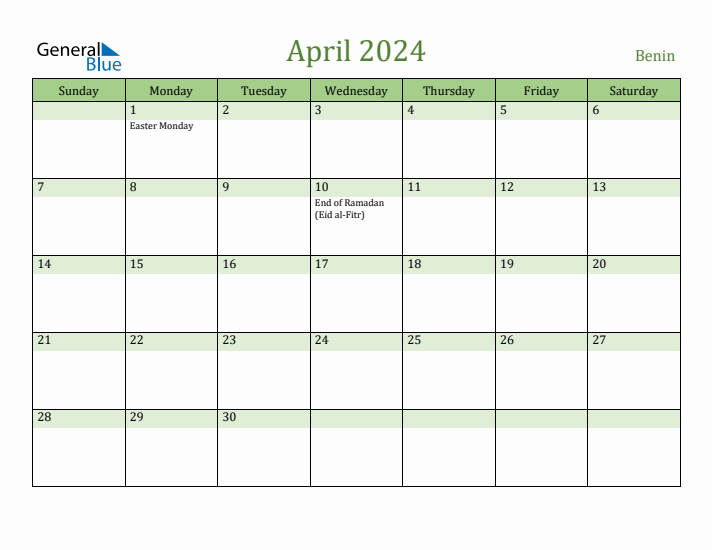 April 2024 Calendar with Benin Holidays