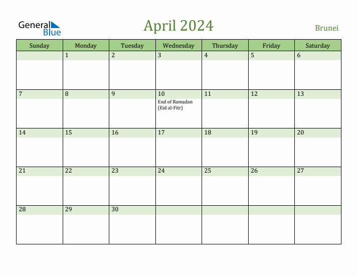 April 2024 Calendar with Brunei Holidays