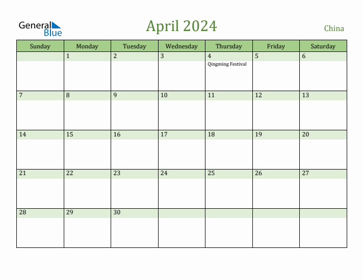 April 2024 Calendar with China Holidays
