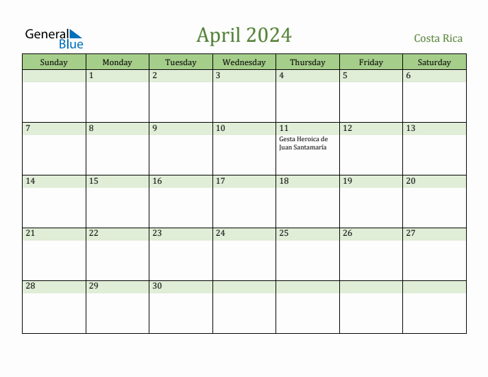 Fillable Holiday Calendar for Costa Rica April 2024