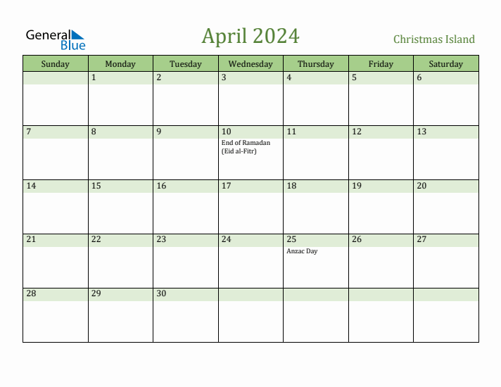 April 2024 Calendar with Christmas Island Holidays