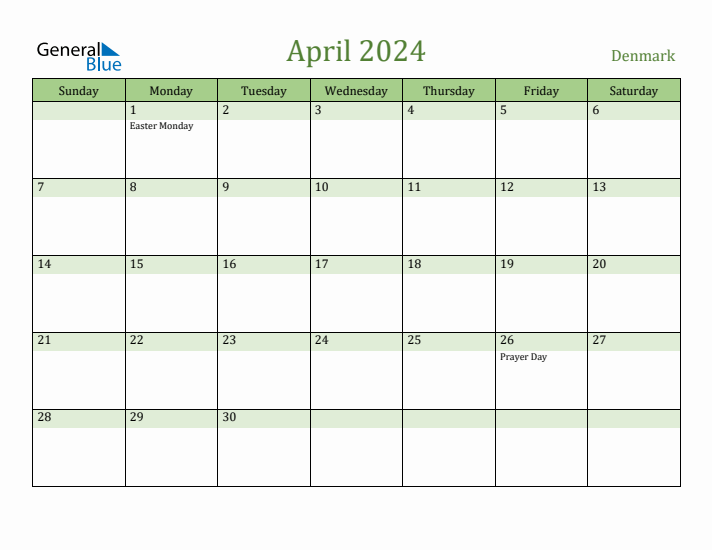 April 2024 Calendar with Denmark Holidays