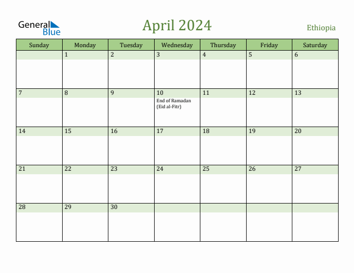 April 2024 Calendar with Ethiopia Holidays
