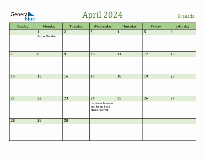 April 2024 Calendar with Grenada Holidays