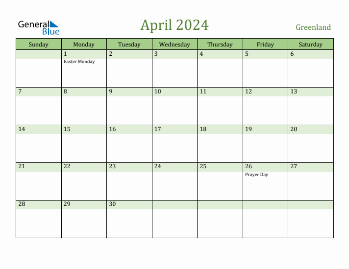 April 2024 Calendar with Greenland Holidays