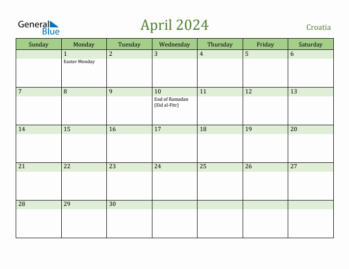 April 2024 Calendar with Croatia Holidays