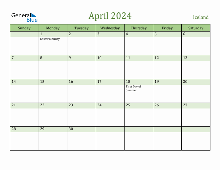 April 2024 Calendar with Iceland Holidays