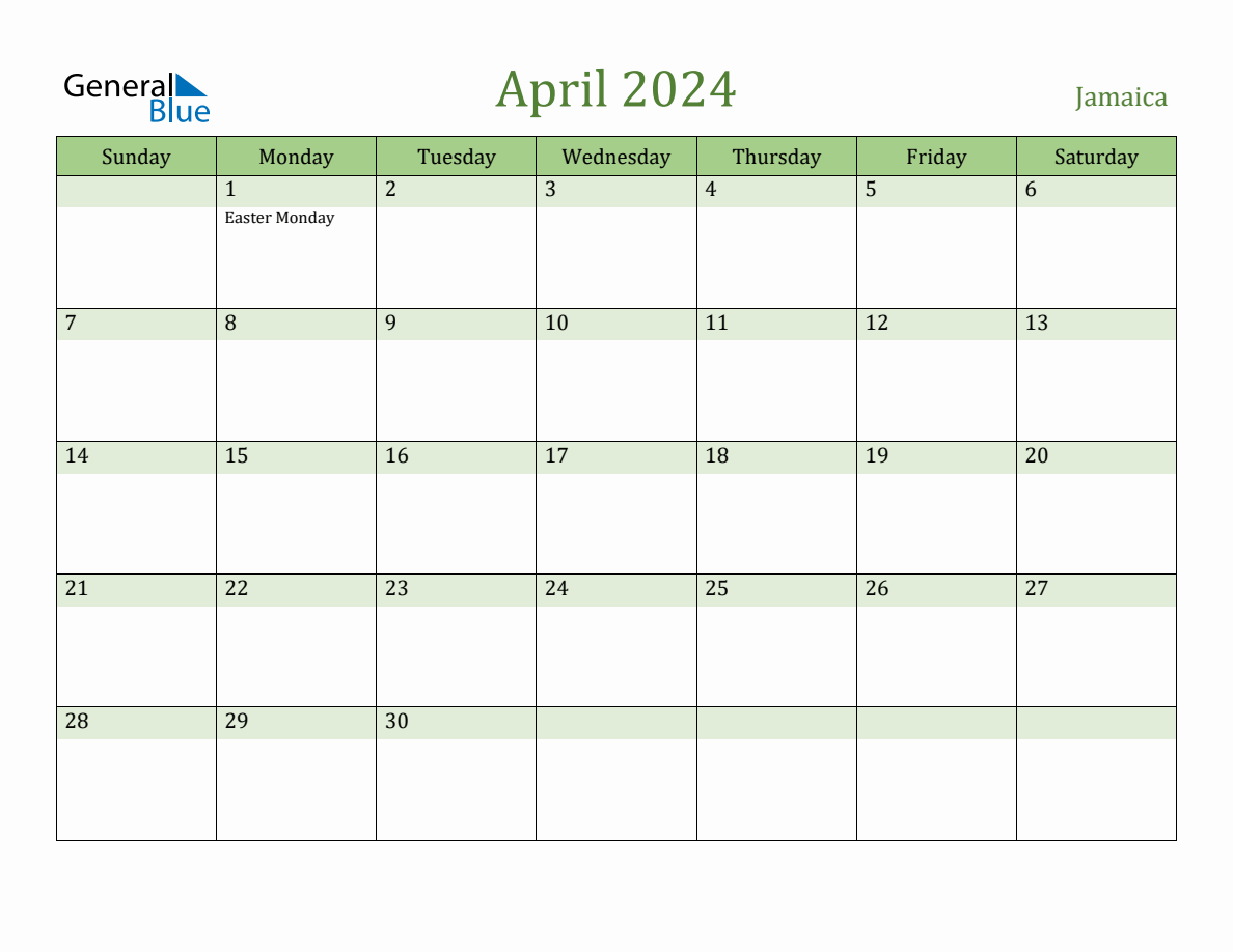 Fillable Holiday Calendar for Jamaica April 2024