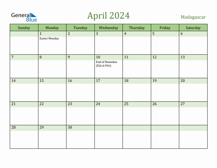April 2024 Calendar with Madagascar Holidays