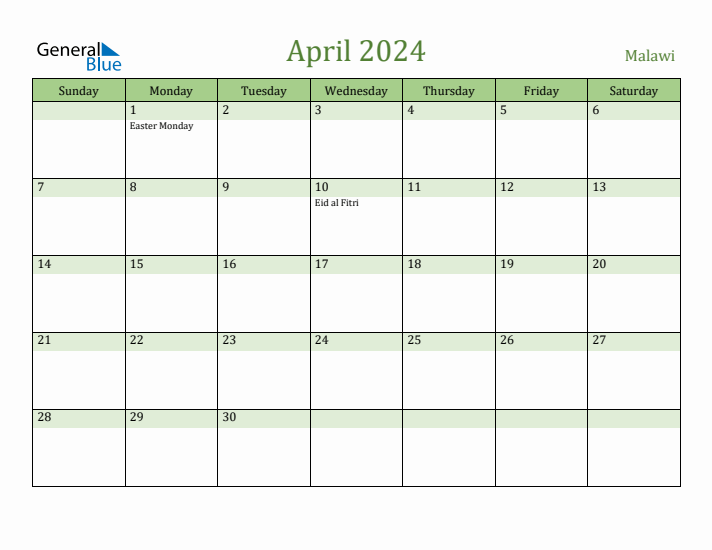 April 2024 Calendar with Malawi Holidays