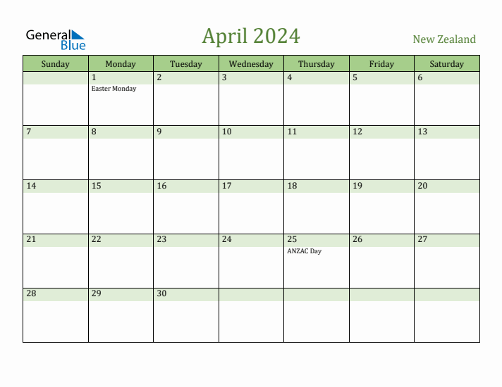 Fillable Holiday Calendar for New Zealand April 2024