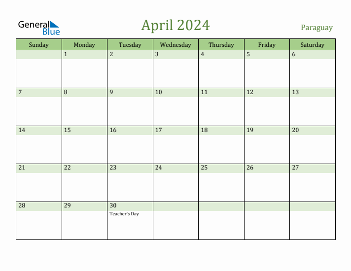 April 2024 Calendar with Paraguay Holidays