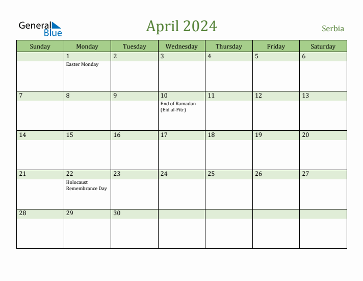 April 2024 Calendar with Serbia Holidays