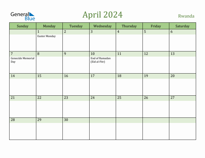 April 2024 Calendar with Rwanda Holidays