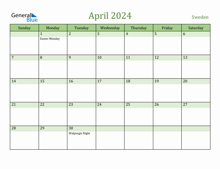 April 2024 Calendar with Sweden Holidays