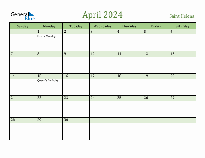 April 2024 Calendar with Saint Helena Holidays