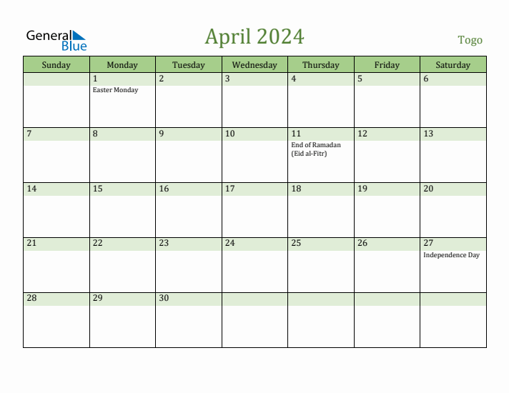 April 2024 Calendar with Togo Holidays