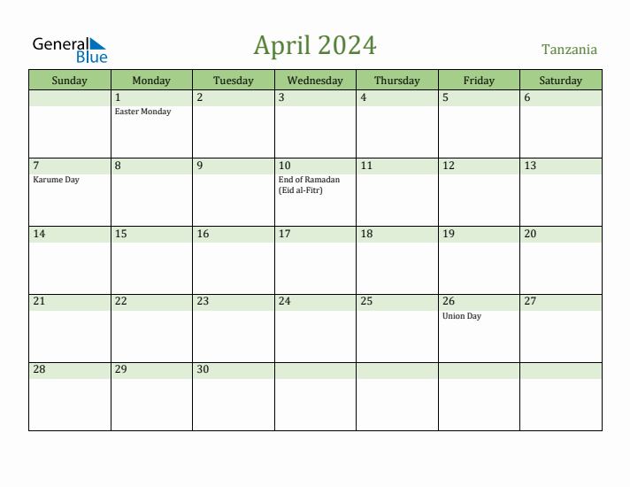 April 2024 Calendar with Tanzania Holidays