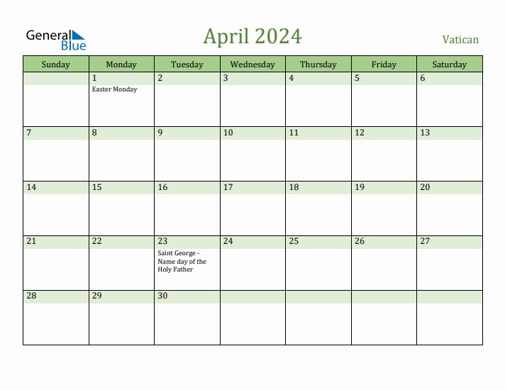 April 2024 Calendar with Vatican Holidays