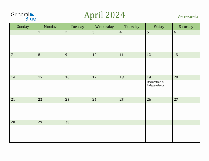 April 2024 Calendar with Venezuela Holidays