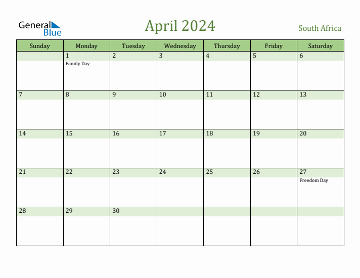 April 2024 Monthly Calendar with South Africa Holidays