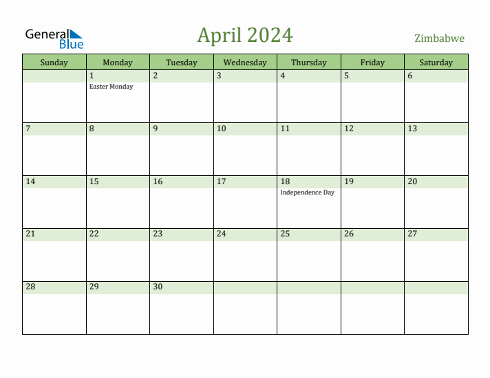 Fillable Holiday Calendar for Zimbabwe April 2024
