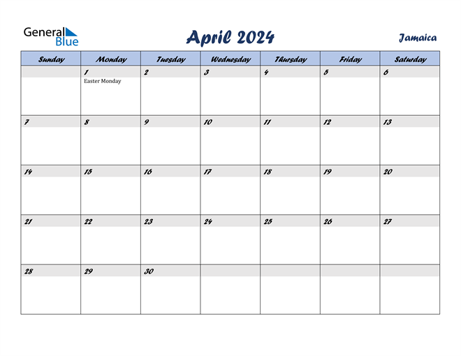 April 2024 Calendar with Jamaica Holidays