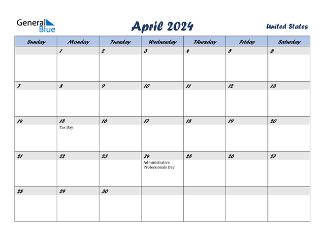 April 2024 Calendar with United States Holidays
