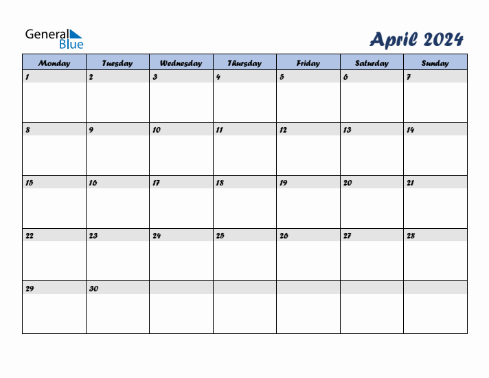 April 2024 Blue Calendar (Monday Start)